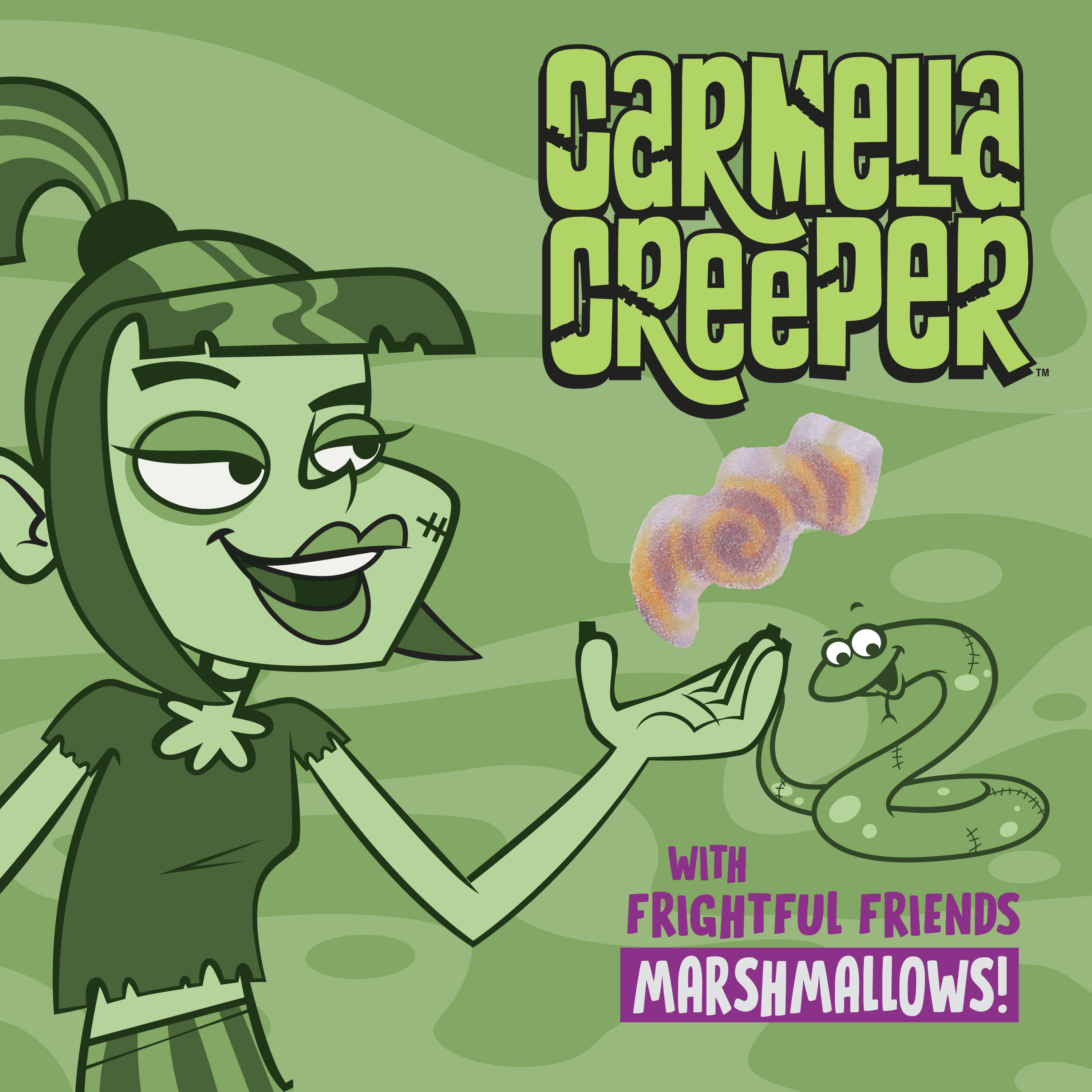 Carmella Creeper excitedly presenting her pet Scratch the Snake alongside a snake-shaped marshmallow. The image reads "with Frightful Friends Marshmallows!" set against a green two-toned background.