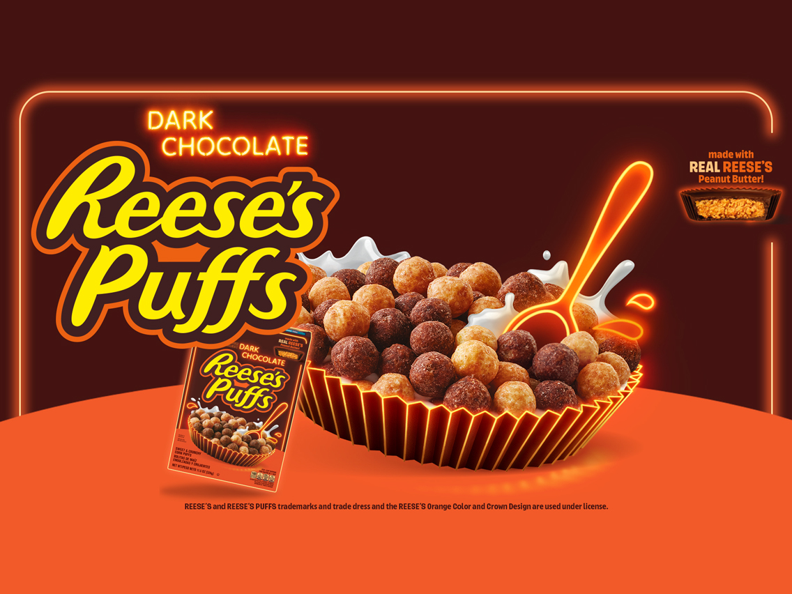 Reese’s Puffs Dark Chocolate cereal delivers a deeper, richer take on the classic milk chocolate and peanut butter flavor combo.