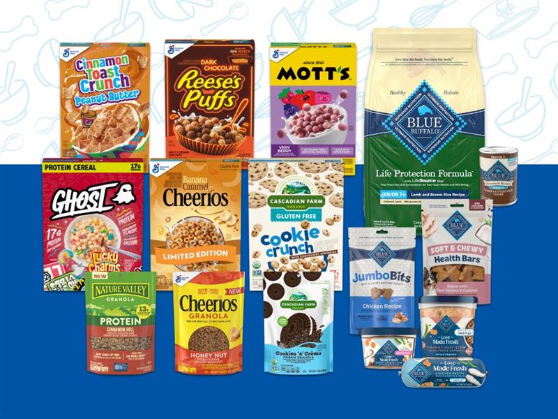 New products including Reese’s Puffs Dark Chocolate Cereal, Nature Valley protein granola and new products and treats from Blue Buffalo pictured together in front of a blue and white background.